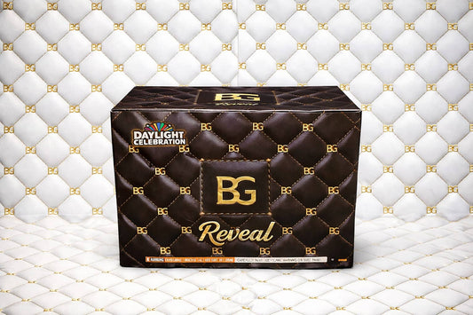 Premium BG Reveal daylight celebration gender reveal smoke box with luxury quilted pattern and gold logo