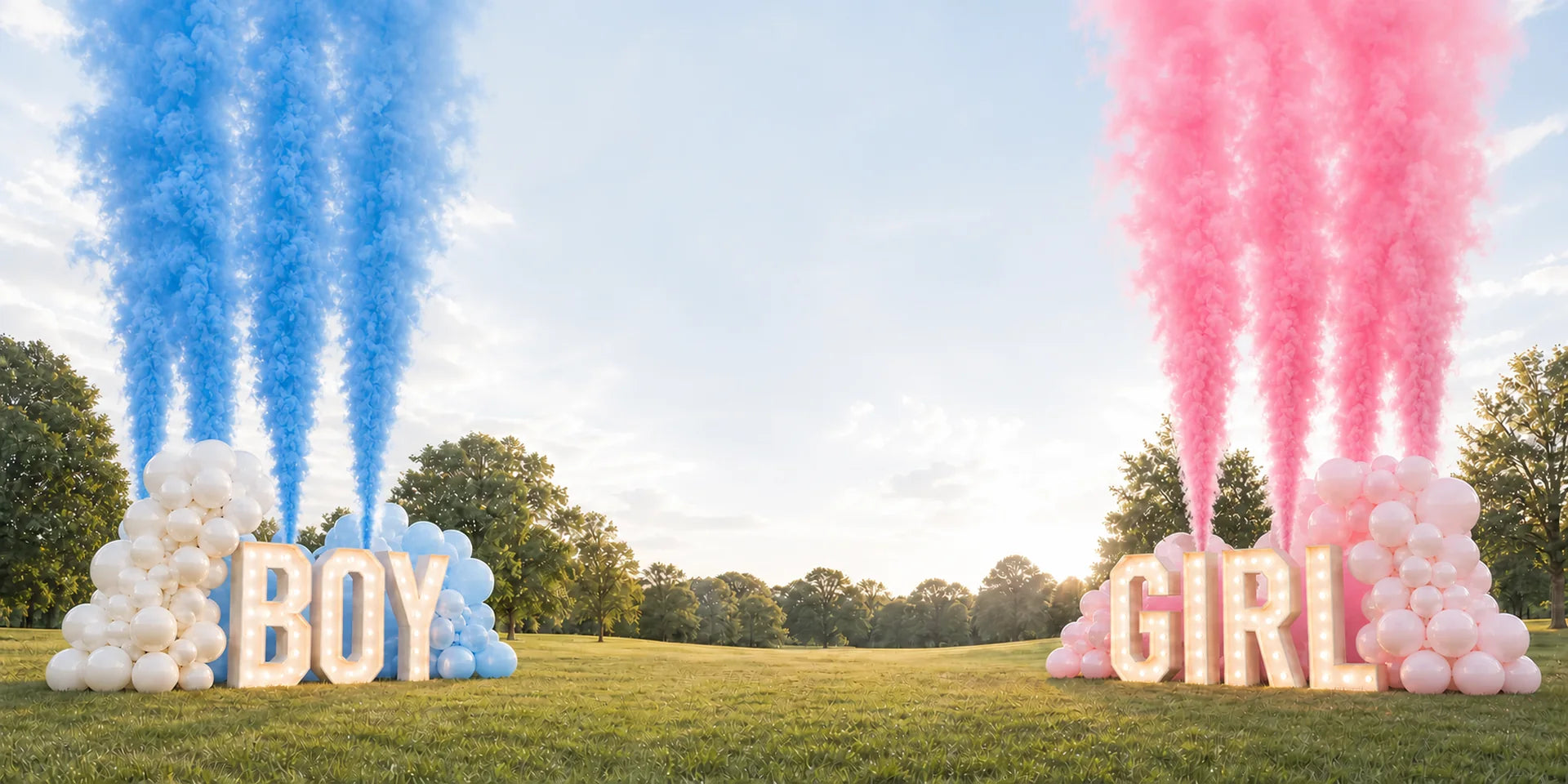 Outdoor reveal display with four blue and four pink smoke trails spreading overhead, balloons, and illuminated Boy and Girl letters